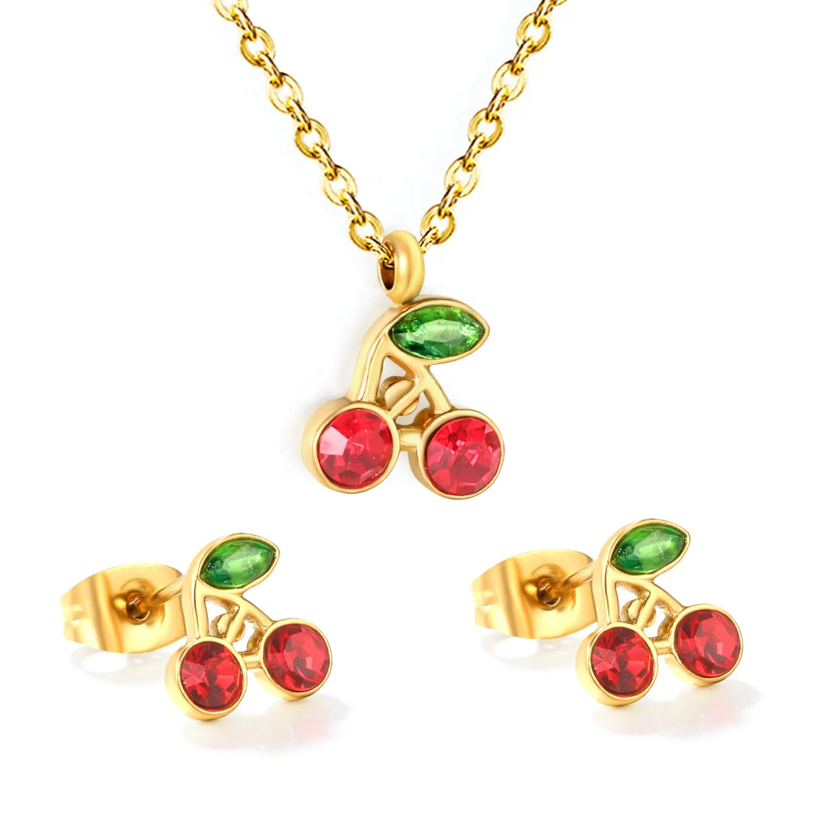 Gold Plated Premium Stainless Steel Red Cherry Necklace & Stud